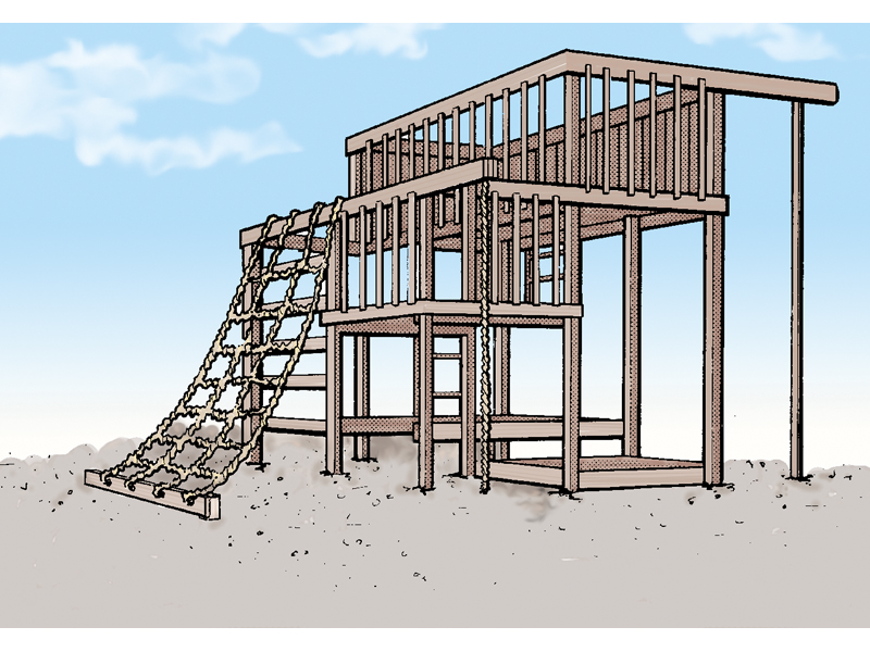 All wood jungle gym with rope climb on side