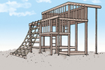 All wood jungle gym with rope climb on side