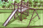 Wood jungle gym swing set with long slide and swing