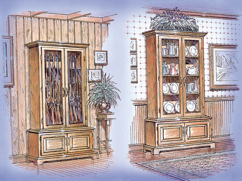 Gun/curio cabinet is made of wood and has large windwoed front doors for displaying collectibles