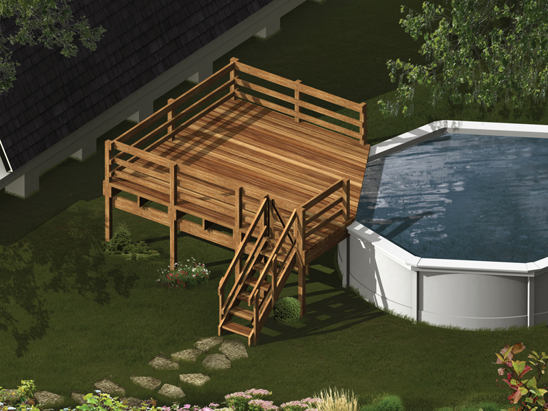 Pool deck attaches to an above ground pool on one side and has stairs descending to the ground level