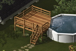 Pool deck attaches to an above ground pool on one side and has stairs descending to the ground level
