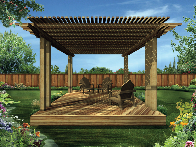 Shaded deck is a freestanding structure that has slated roof above for partial sunlight