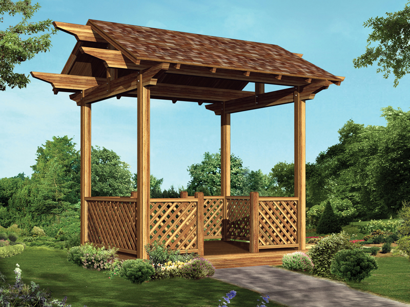 Great all wood four-sided gazebo has lattice railing and a spacious feel