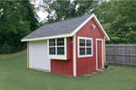 This convenience shed has multiple windows for added light, a side door and front garage style door