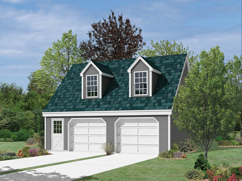 Classic Cape Cod style garage is topped with two large dormers