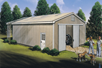 Simply designed pole building has large front sliding doors and a convenient side door 