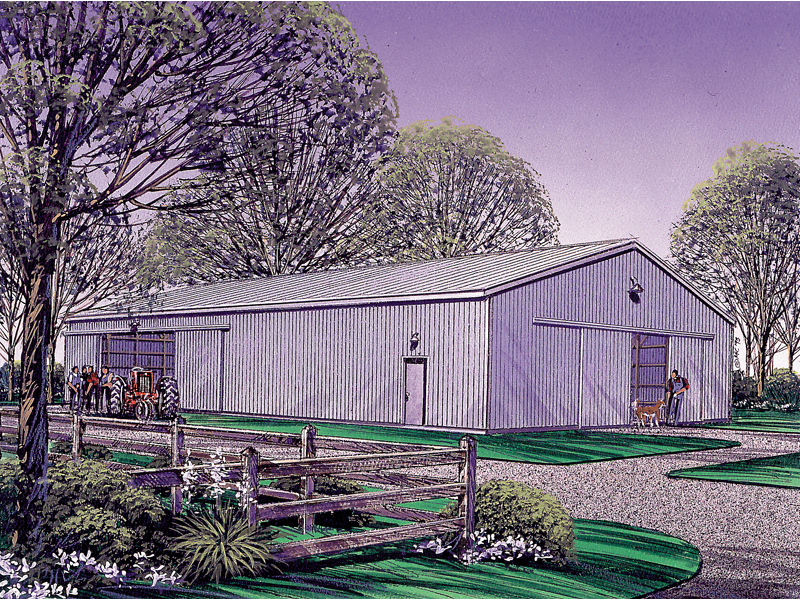 Pole building machine shed has multiple double sliding doors on two different sides