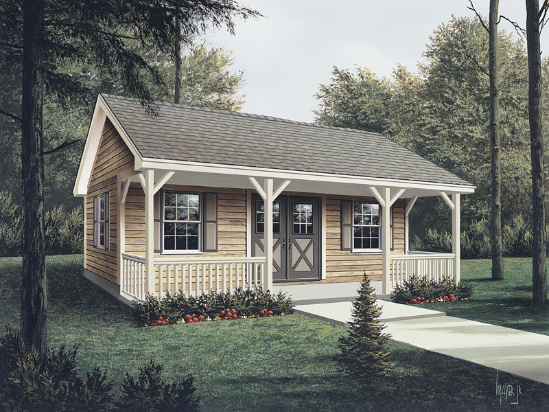 Workroom with covered porch has rustic style double doors on front