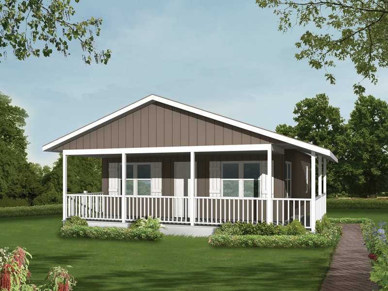 Cabin with wrap-around porch offers lots of outdoor living space and low-maintenance siding exterior
