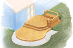 Contemporary curved deck has three sections and level and one with a railing