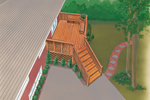 Raised mid-level deck has stairs connecting the house to the ground