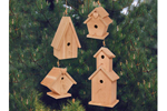 Four wooden birdhouses in multiple shapes and sizes that all look great together
