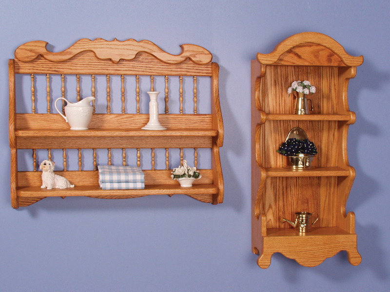 Two styles of collectible shelves provide a tall style with three shelves and a wide version with two shelves