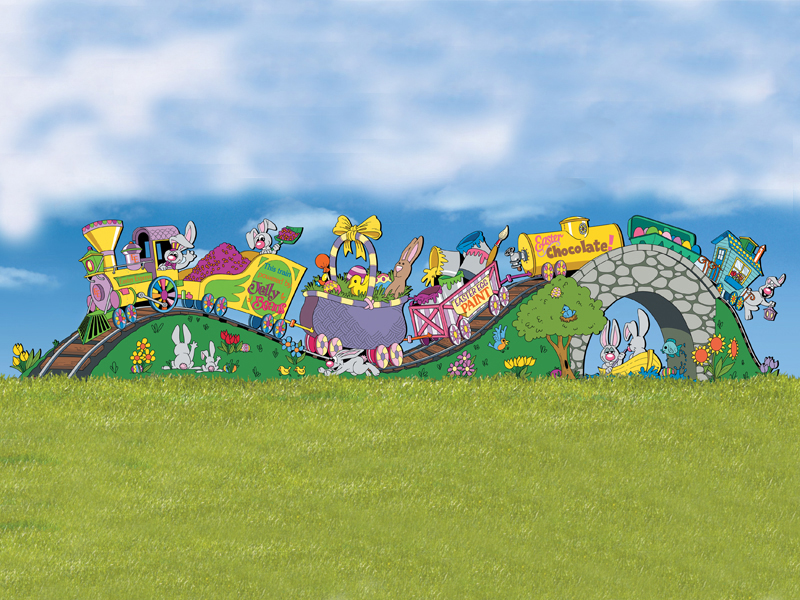 Bunny train is a fun and colorful yard art pattern of an Easter bunny train