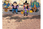 This yard art patternhas four separate Halloween characters that can be hung from a tree including a scarecrow, dracula, witch and frankenstein