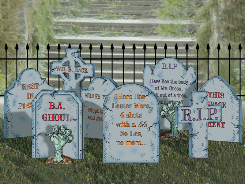 The create-a-graveyard yard art pattern includes eight different style headstones