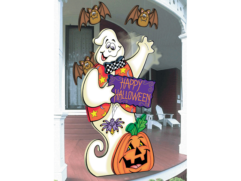 Cute and colorful waving ghost greets halloween trick-or-treaters at your front door