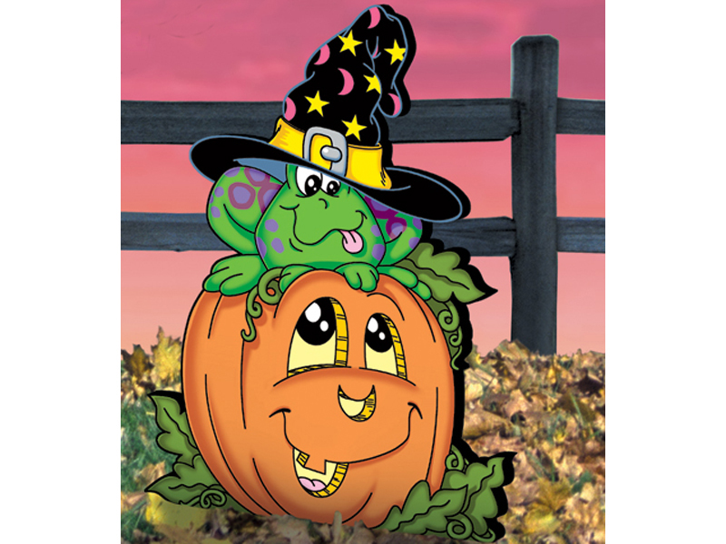 Pumpkin patch frog features a cute addition to your Halloween scene